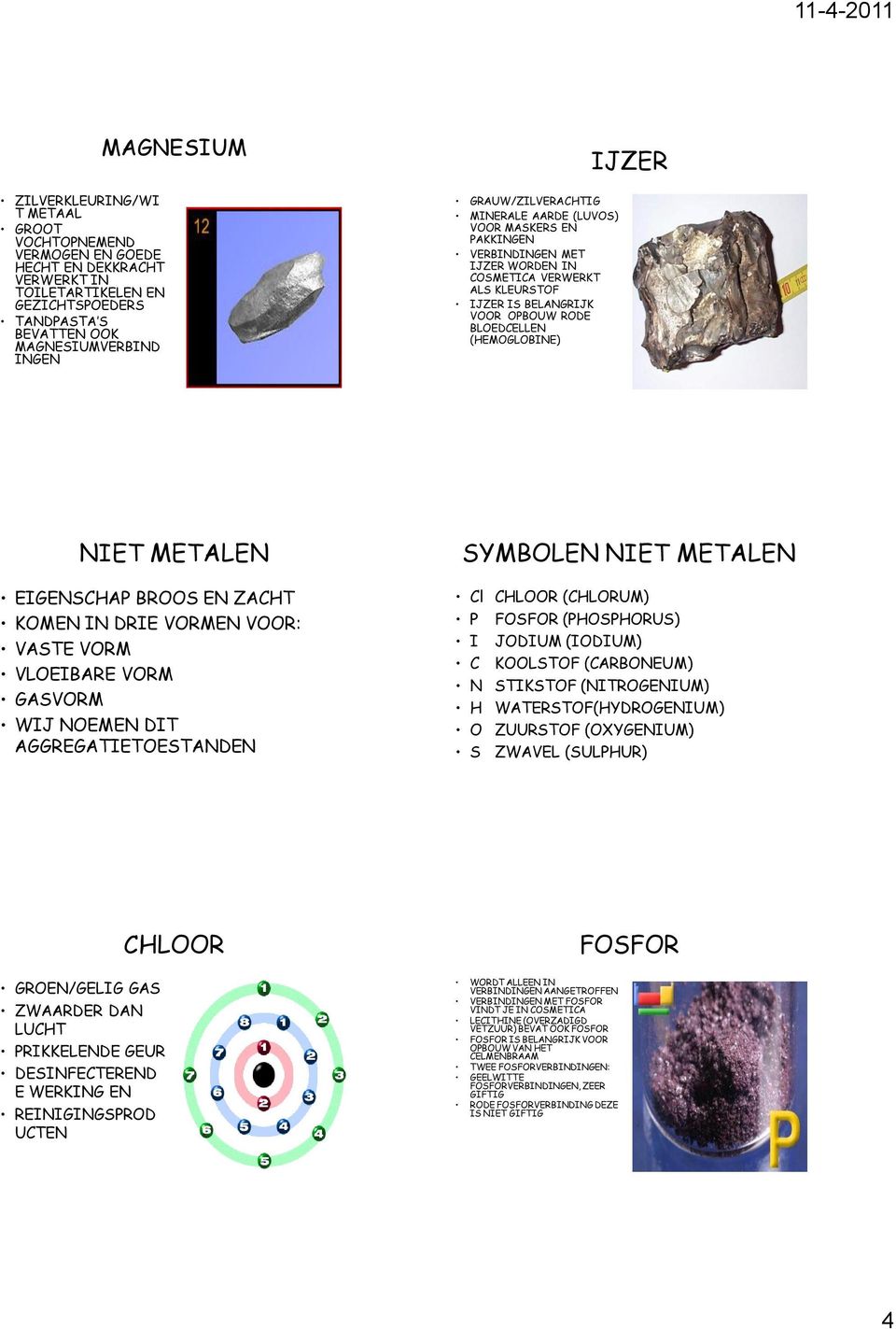 IJZER NIET METALEN EIGENSCHAP BROOS EN ZACHT KOMEN IN DRIE VORMEN VOOR: VASTE VORM VLOEIBARE VORM GASVORM WIJ NOEMEN DIT AGGREGATIETOESTANDEN SYMBOLEN NIET METALEN Cl P I C CHLOOR (CHLORUM) FOSFOR