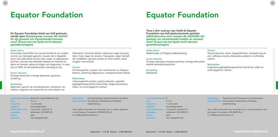 Twee á drie maal per jaar biedt de Equator Foundation een half gestructureerde gesloten stabilisatiecursus voor vrouwen die slachtoffer zijn geweest van mensenhandel (meiden en vrouwen vanaf 18 jaar)