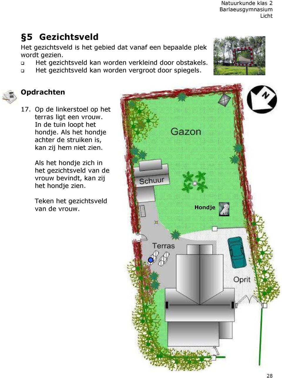 Op de linkerstoel op het terras ligt een vrouw. In de tuin loopt het hondje.