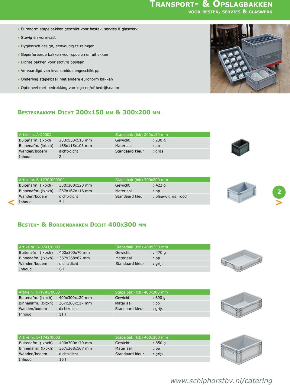 bedrijfsnaam Bestekbakken Dicht 200x150 mm & 300x200 mm Artikelnr. A-20002 Stapelbak (lxb) 200x150 mm Buitenafm. (lxbxh) : 200x150x118 mm Gewicht : 230 g Binnenafm.