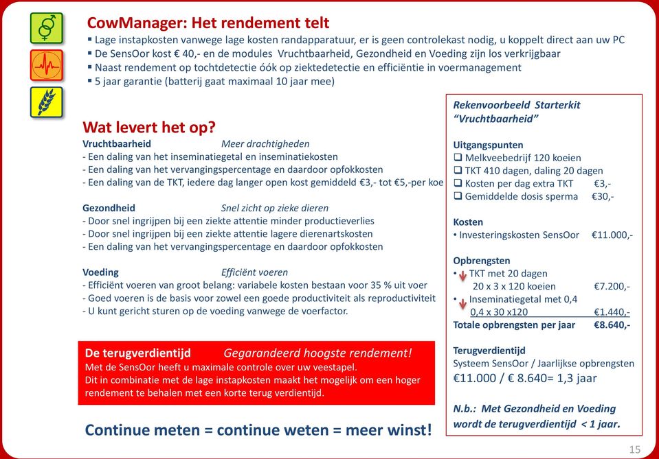 op? Vruchtbaarheid Meer drachtigheden - Een daling van het inseminatiegetal en inseminatiekosten - Een daling van het vervangingspercentage en daardoor opfokkosten - Een daling van de TKT, iedere dag