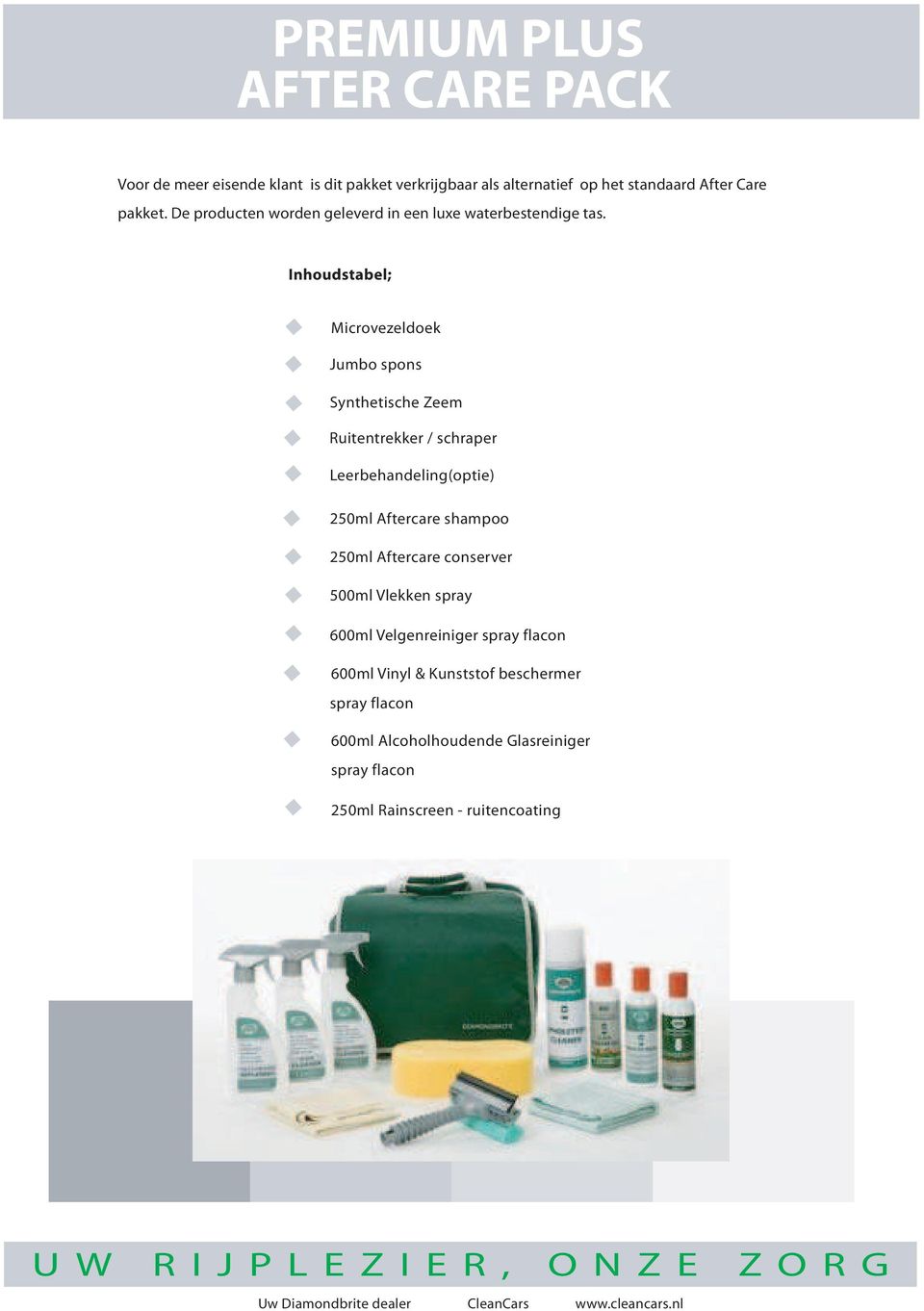 Inhoudstabel; Microvezeldoek Jumbo spons Synthetische Zeem Ruitentrekker / schraper Leerbehandeling(optie) 250ml Aftercare shampoo