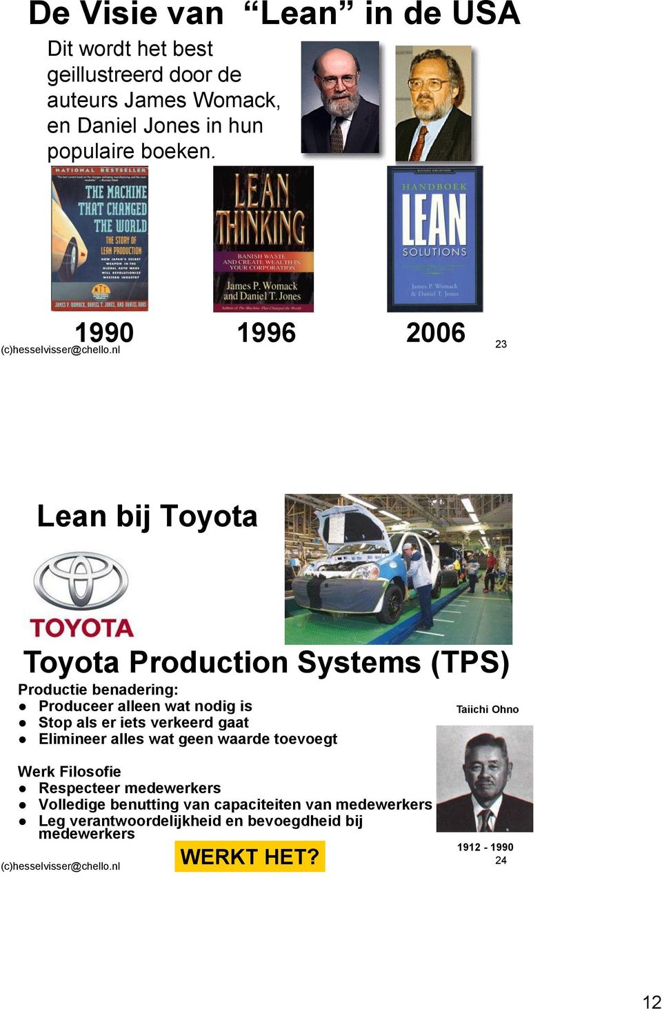 1990 1996 2006 23 Lean bij Toyota Toyota Production Systems (TPS) Productie benadering: Produceer alleen wat nodig is Stop als