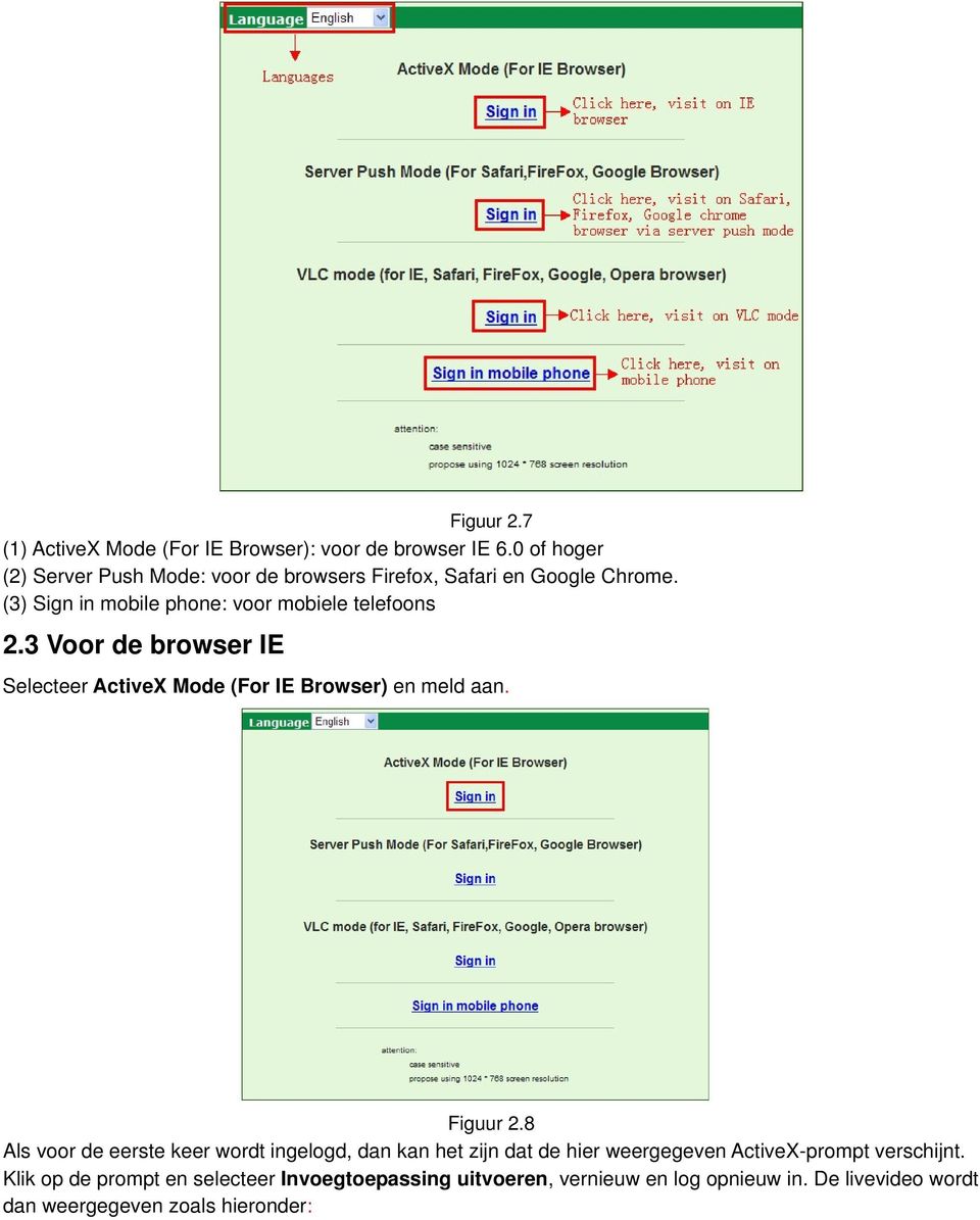 (3) Sign in mobile phone: voor mobiele telefoons 2.3 Voor de browser IE Selecteer ActiveX Mode (For IE Browser) en meld aan. Figuur 2.