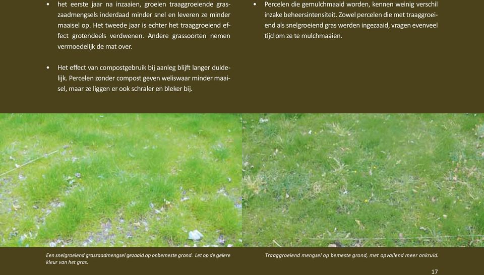 Zowel percelen die met traaggroeiend als snelgroeiend gras werden ingezaaid, vragen evenveel tijd om ze te mulchmaaien. Het effect van compostgebruik bij aanleg blijft langer duidelijk.
