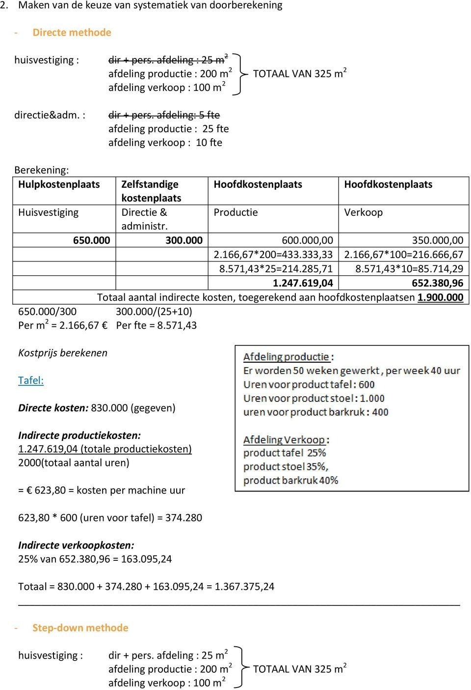 afdeling: 5 fte afdeling productie : 25 fte afdeling verkoop : 10 fte Berekening: Hulpkostenplaats Zelfstandige Hoofdkostenplaats Hoofdkostenplaats kostenplaats Huisvestiging Directie & Productie