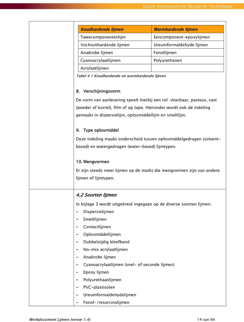 Hieronder wordt ook de indeling gemaakt in dispersielijm, oplosmiddellijm en smeltlijm. 9.