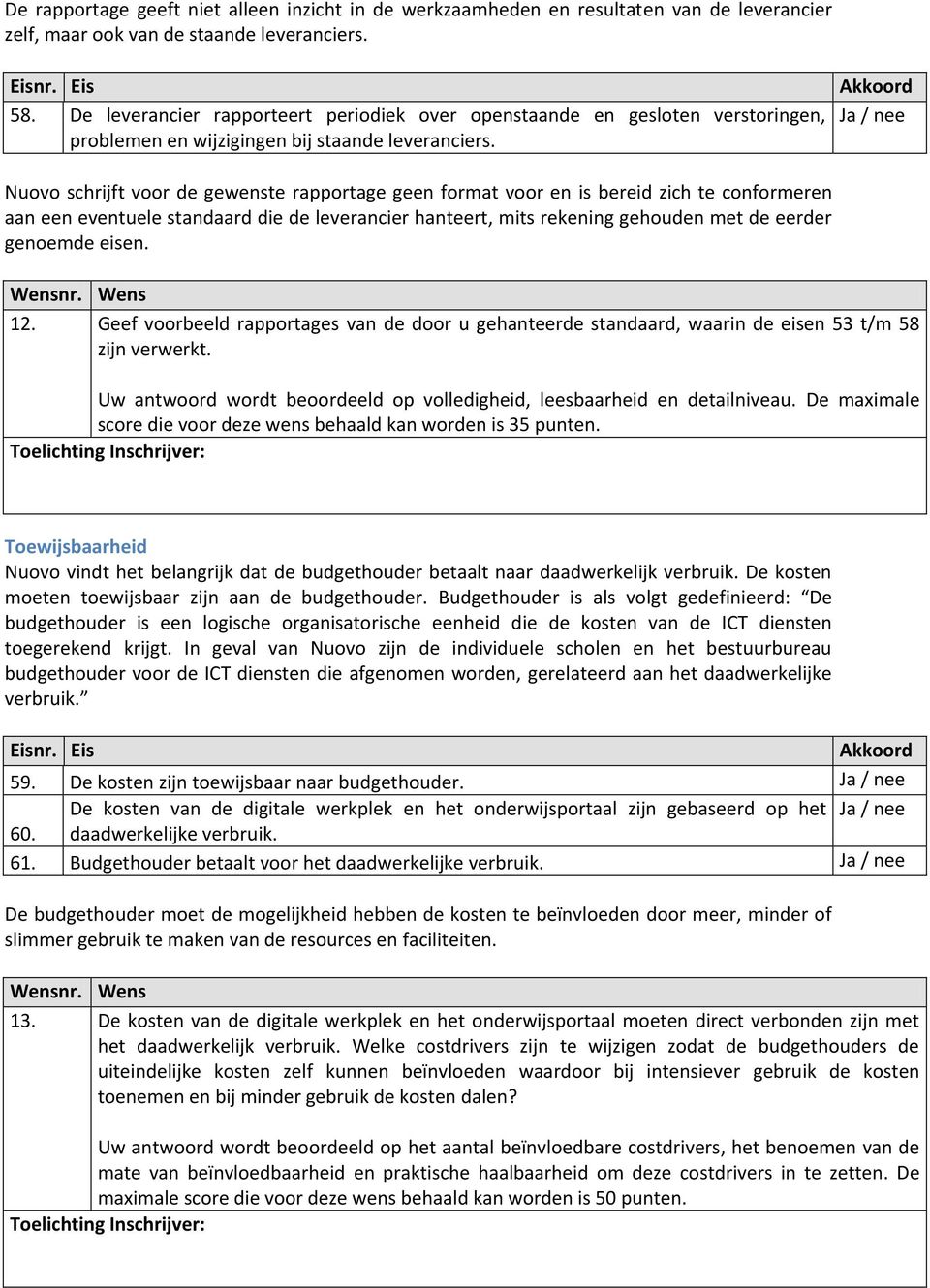 Nuovo schrijft voor de gewenste rapportage geen format voor en is bereid zich te conformeren aan een eventuele standaard die de leverancier hanteert, mits rekening gehouden met de eerder genoemde