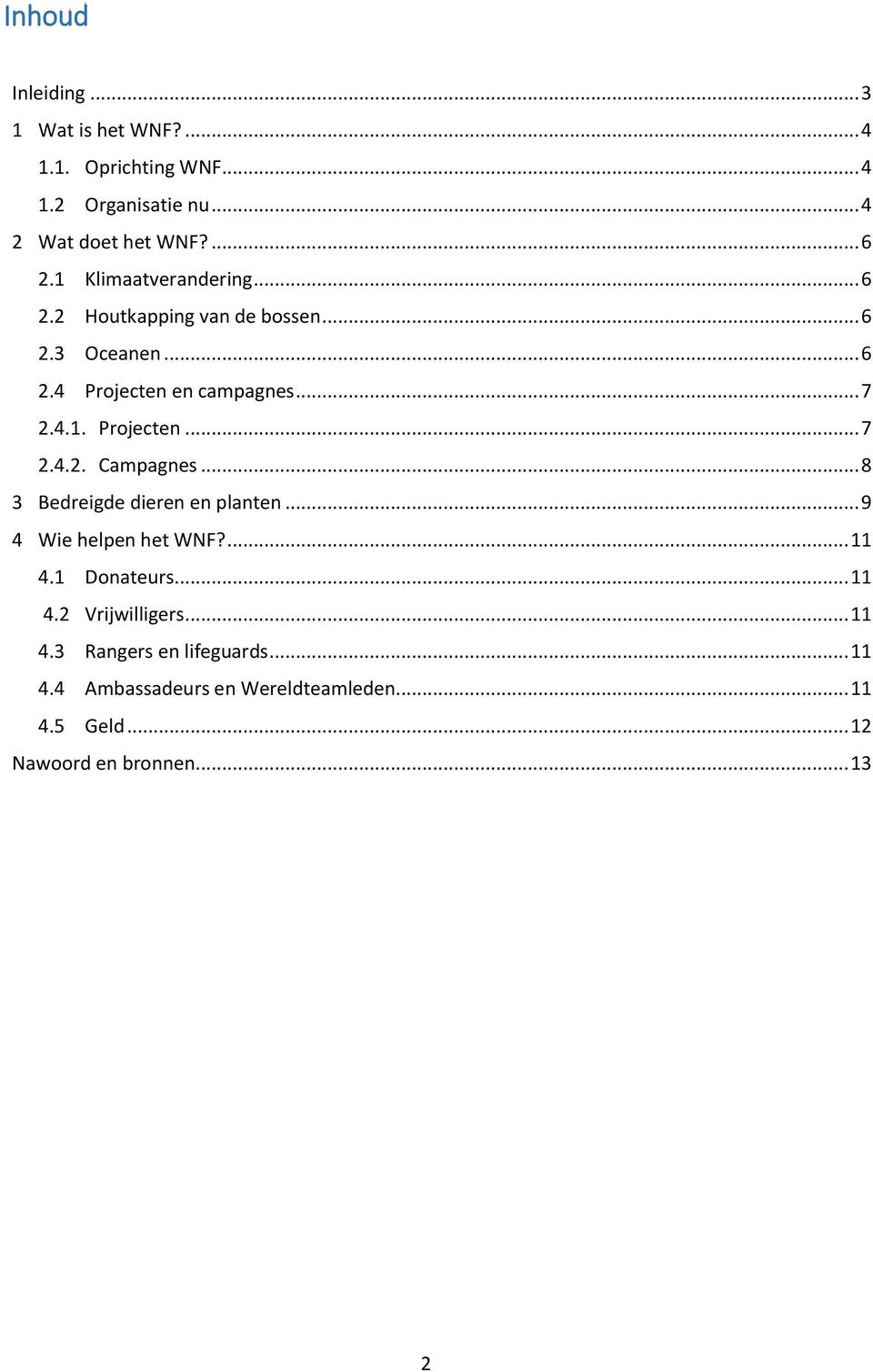 .. 8 3 Bedreigde dieren en planten... 9 4 Wie helpen het WNF?... 11 4.1 Donateurs... 11 4.2 Vrijwilligers... 11 4.3 Rangers en lifeguards.