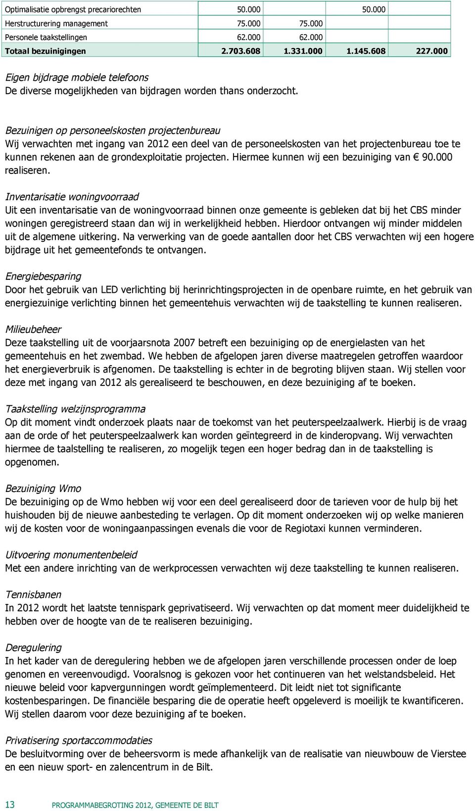 Bezuinigen op personeelskosten projectenbureau Wij verwachten met ingang van 2012 een deel van de personeelskosten van het projectenbureau toe te kunnen rekenen aan de grondexploitatie projecten.