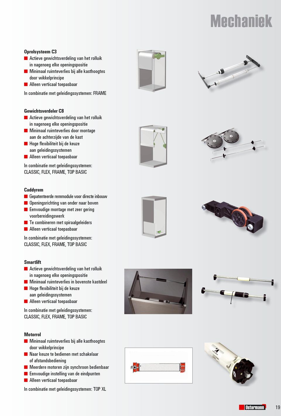 kast Hoge flexibiliteit bij de keuze aan geleidingssystemen Alleen verticaal toepasbaar In combinatie met geleidingssystemen: CLASSIC, FLEX, FRAME, TOP BASIC Caddyrem Gepatenteerde remmodule voor