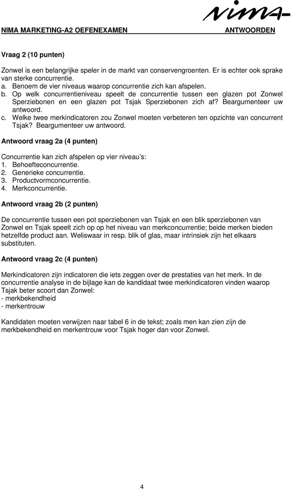 Op welk concurrentieniveau speelt de concurrentie tussen een glazen pot Zonwel Sperziebonen en een glazen pot Tsjak Sperziebonen zich af? Beargumenteer uw antwoord. c. Welke twee merkindicatoren zou Zonwel moeten verbeteren ten opzichte van concurrent Tsjak?