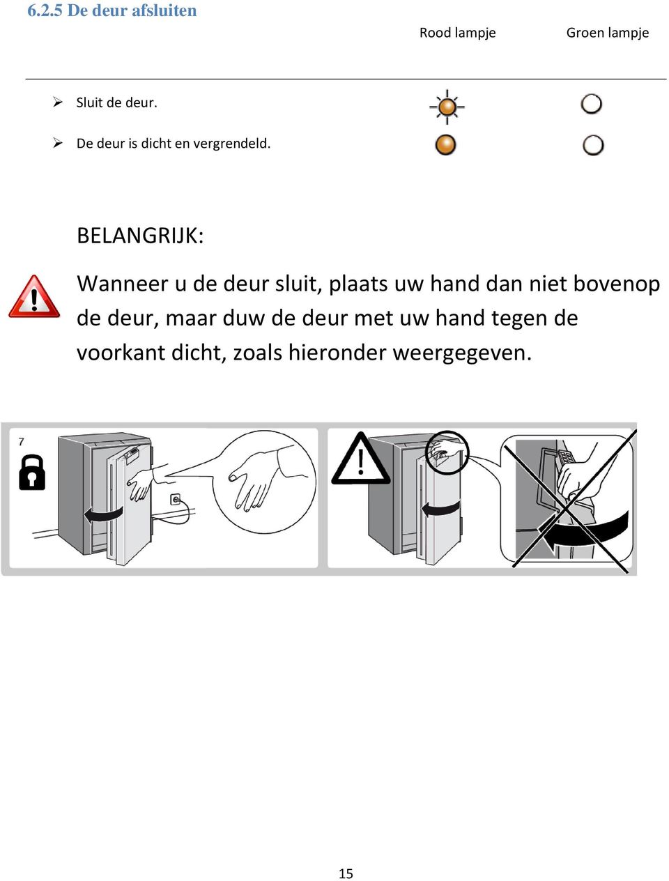 BELANGRIJK: - Wanneer u de deur sluit, plaats uw hand dan niet