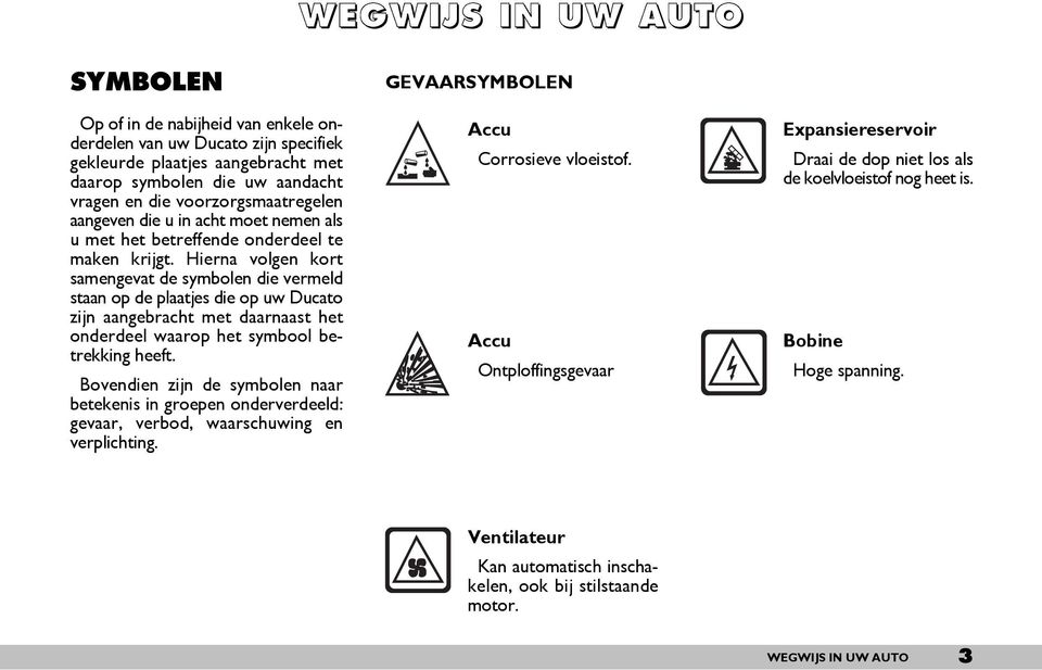 Hierna volgen kort samengevat de symbolen die vermeld staan op de plaatjes die op uw Ducato zijn aangebracht met daarnaast het onderdeel waarop het symbool betrekking heeft.