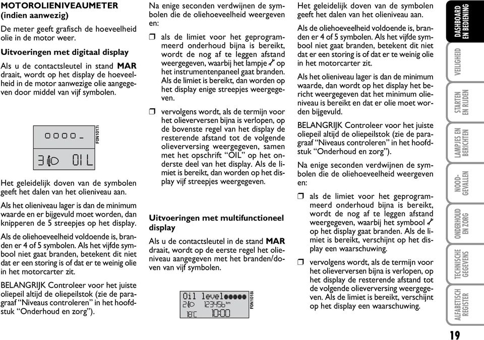 Het geleidelijk doven van de symbolen geeft het dalen van het olieniveau aan.