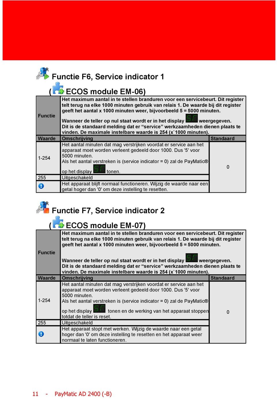 Dit is de standaard melding dat er service werkzaamheden dienen plaats te vinden. De maximale instelbare waarde is 254 (x`1000 minuten).