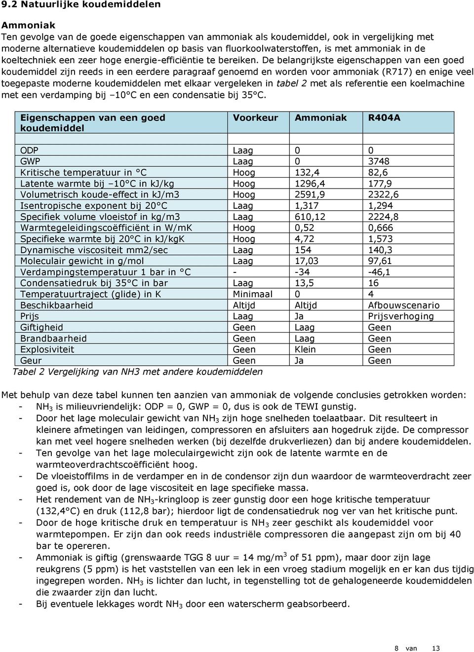 De belangrijkste eigenschappen van een goed koudemiddel zijn reeds in een eerdere paragraaf genoemd en worden voor ammoniak (R717) en enige veel toegepaste moderne koudemiddelen met elkaar vergeleken