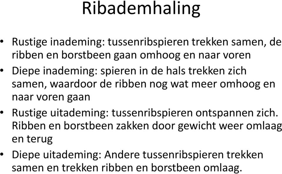 voren gaan Rustige uitademing: tussenribspieren ontspannen zich.