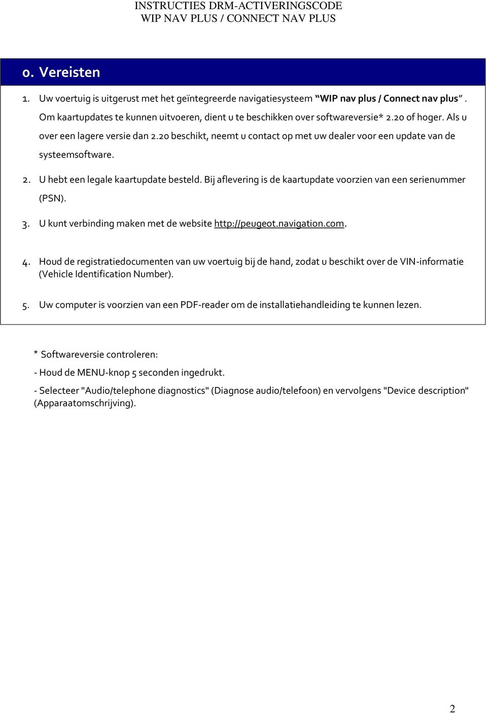 Bij aflevering is de kaartupdate voorzien van een serienummer (PSN). 3. U kunt verbinding maken met de website http://peugeot.navigation.com. 4.