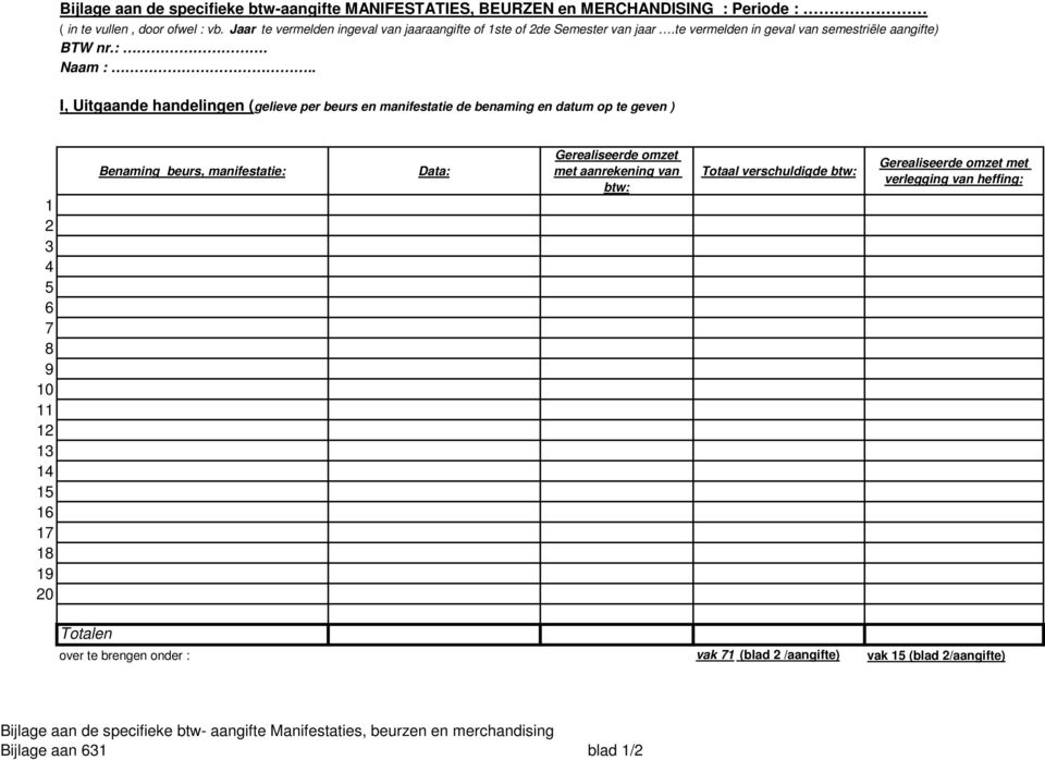 . I, Uitgaande handelingen (gelieve per beurs en manifestatie de benaming en datum op te geven ) 1 2 3 4 5 6 7 8 9 10 11 12 13 14 15 16 17 18 19 20 Benaming beurs, manifestatie: Data: