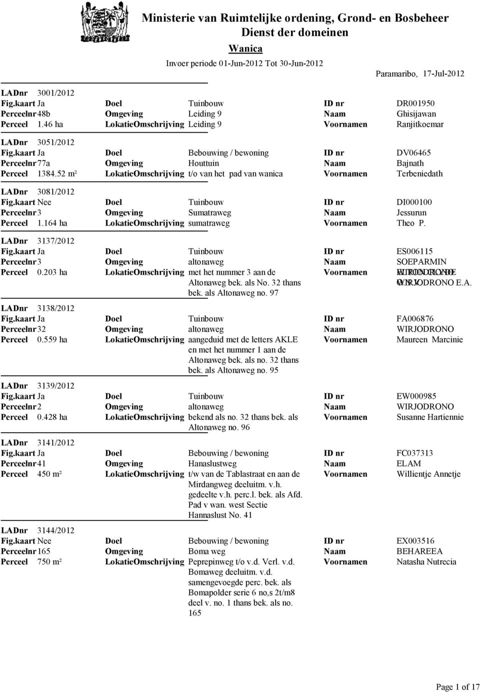 164 ha Sumatraweg sumatraweg DI000100 Jessurun Theo P. LADnr 3137/2012 3 Perceel 0.203 ha altonaweg met het nummer 3 aan de Altonaweg bek. als No. 32 thans bek. als Altonaweg no.