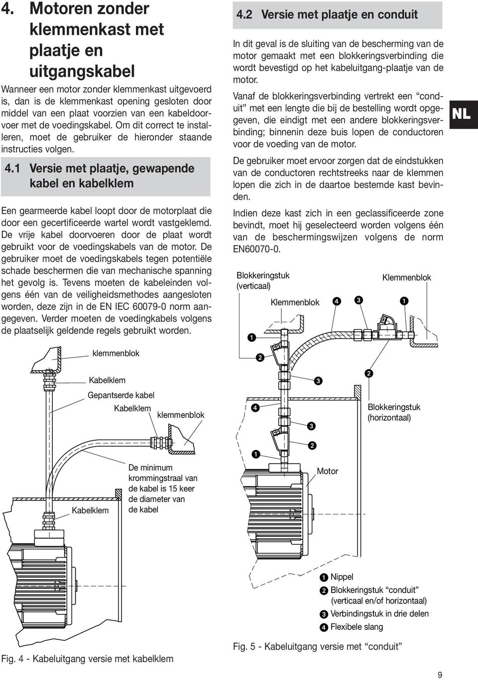 1 Versie met plaatje, gewapende kabel en kabelklem Een gearmeerde kabel loopt door de motorplaat die door een gecertificeerde wartel wordt vastgeklemd.