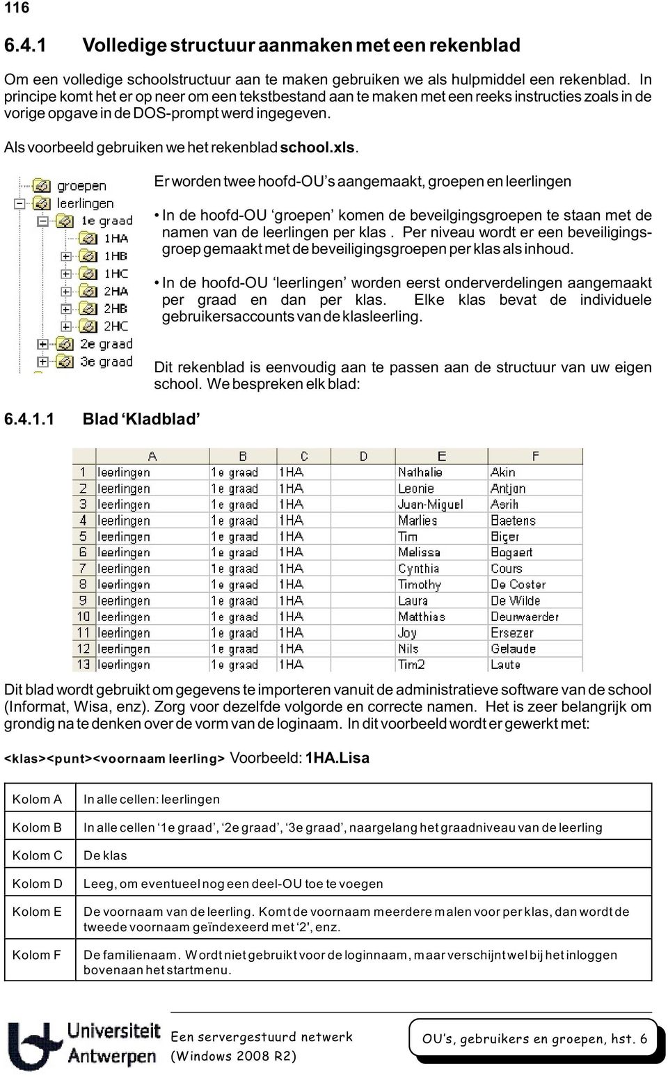xls. Er worden twee hoofd-ou s aangemaakt, groepen en leerlingen In de hoofd-ou groepen komen de beveilgingsgroepen te staan met de namen van de leerlingen per klas.