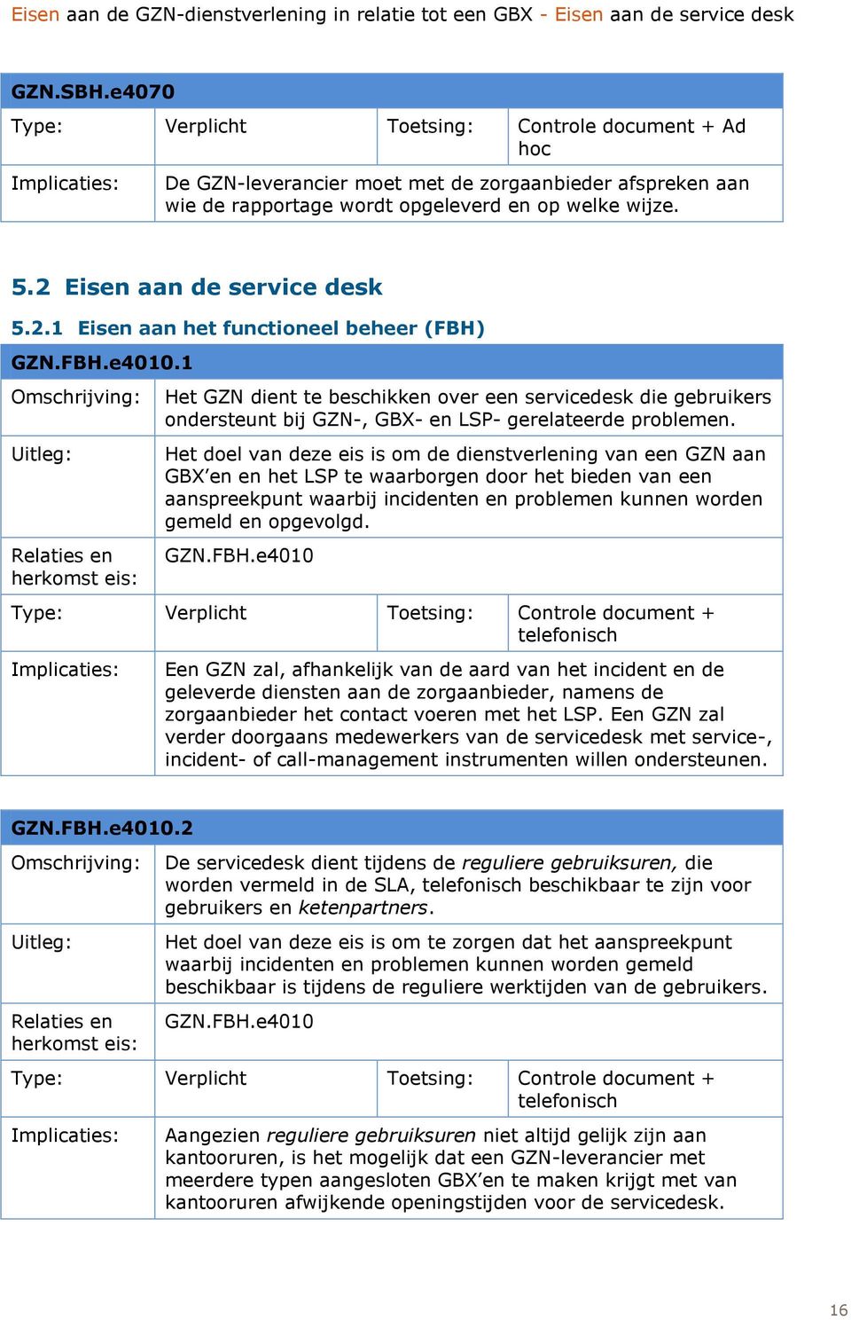 2 Eisen aan de service desk 5.2.1 Eisen aan het functioneel beheer (FBH) GZN.FBH.e4010.