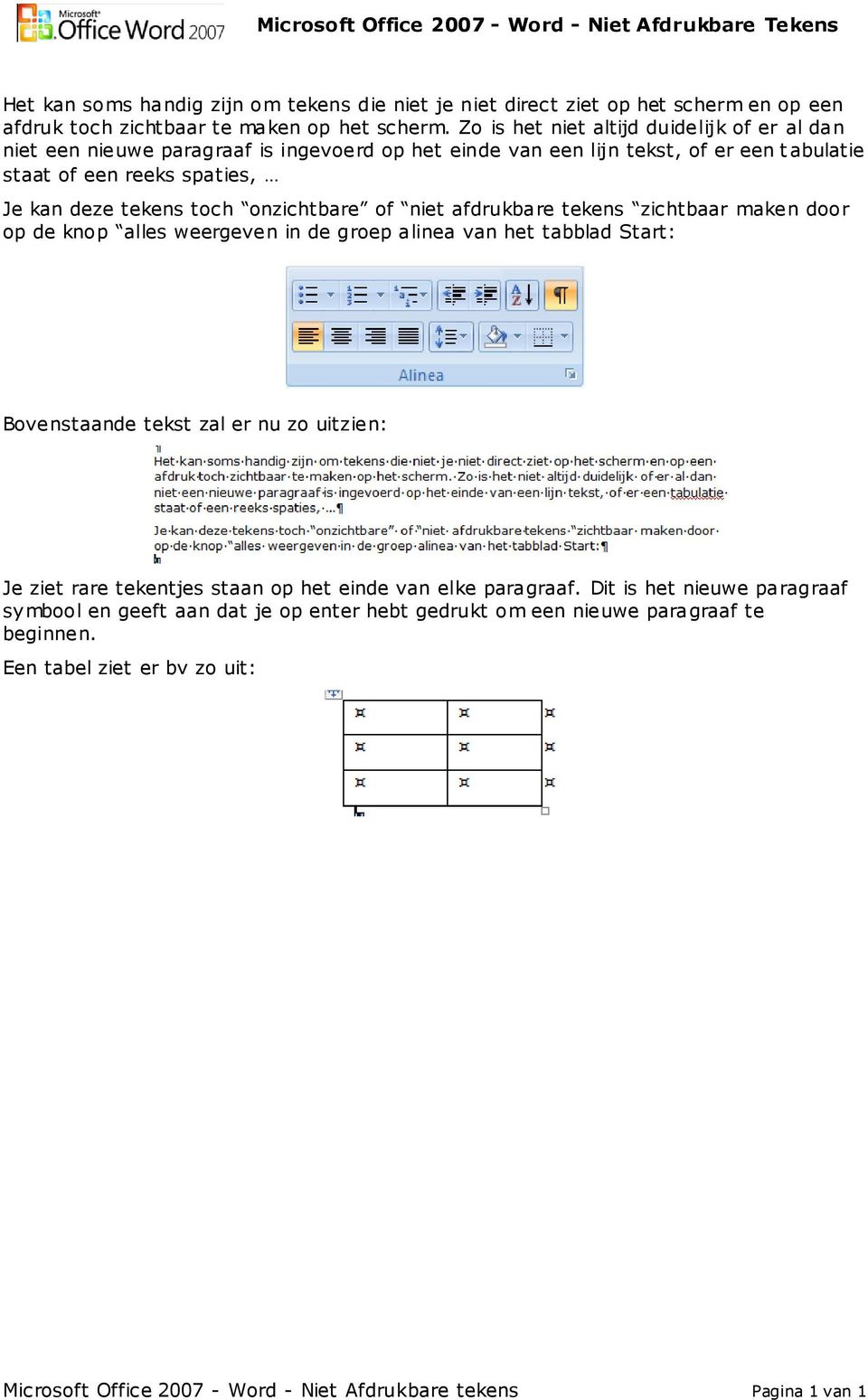 onzichtbare of niet afdrukbare tekens zichtbaar maken door op de knop alles weergeven in de groep alinea van het tabblad Start: Bovenstaande tekst zal er nu zo uitzien: Je ziet rare tekentjes staan