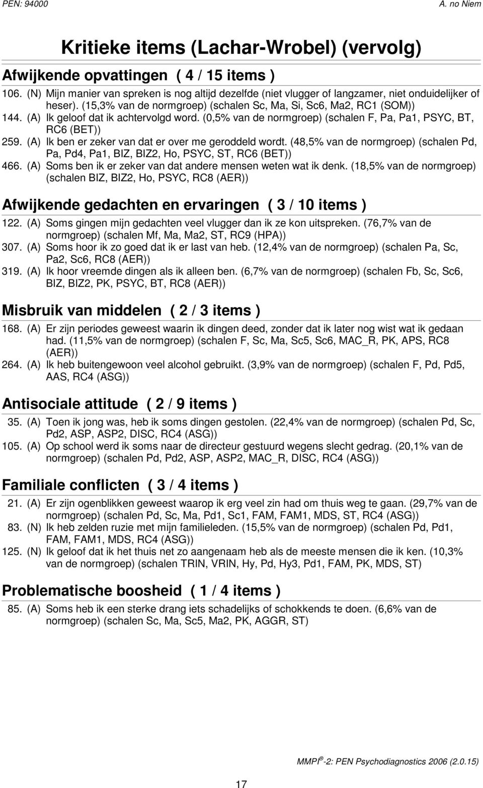 (A) Ik ben er zeker van dat er over me geroddeld wordt. (48,5% van de normgroep) (schalen Pd, Pa, Pd4, Pa1, BIZ, BIZ2, Ho, PSYC, ST, RC6 (BET)) 466.