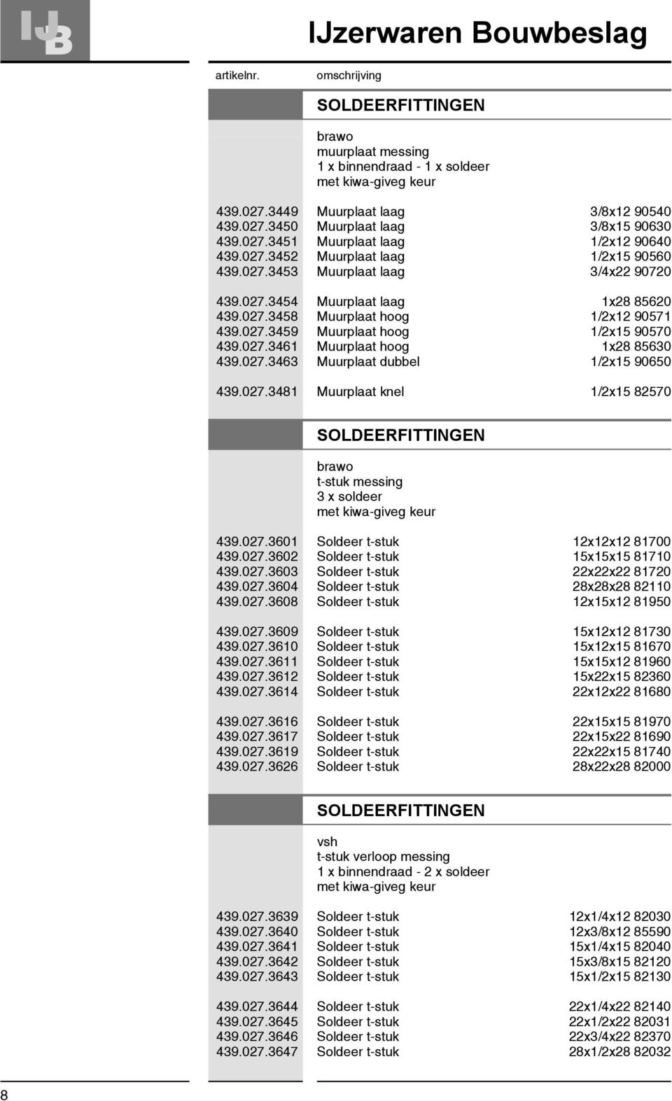 027.3461 Muurplaat hoog 1x28 85630 439.027.3463 Muurplaat dubbel 1/2x15 90650 439.027.3481 Muurplaat knel 1/2x15 82570 SOLDEERFITTINGEN brawo t-stuk messing 3 x soldeer met kiwa-giveg keur 439.027.3601 Soldeer t-stuk 12x12x12 81700 439.