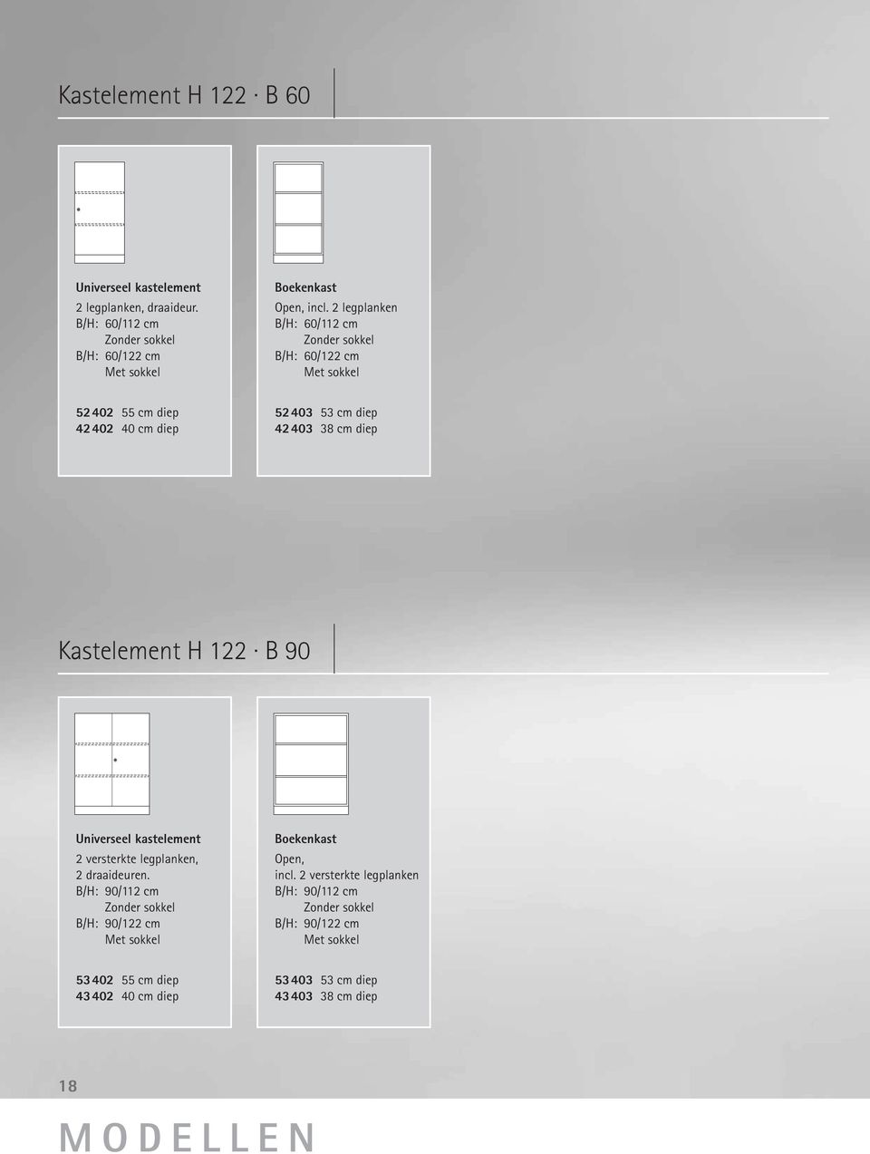 122 B 90 Universeel kastelement 2 versterkte legplanken, 2 draaideuren. B/H: 90/112 cm B/H: 90/122 cm Boekenkast Open, incl.