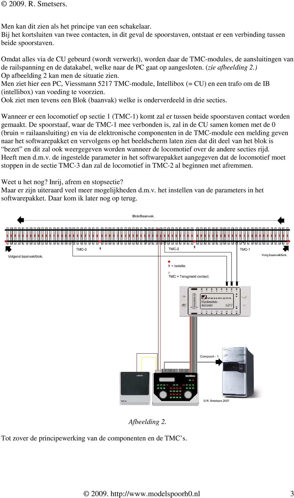 ) Op afbeelding 2 kan men de situatie zien. Men ziet hier een PC, Viessmann 5217 TMC-module, Intellibox (= CU) en een trafo om de IB (intellibox) van voeding te voorzien.