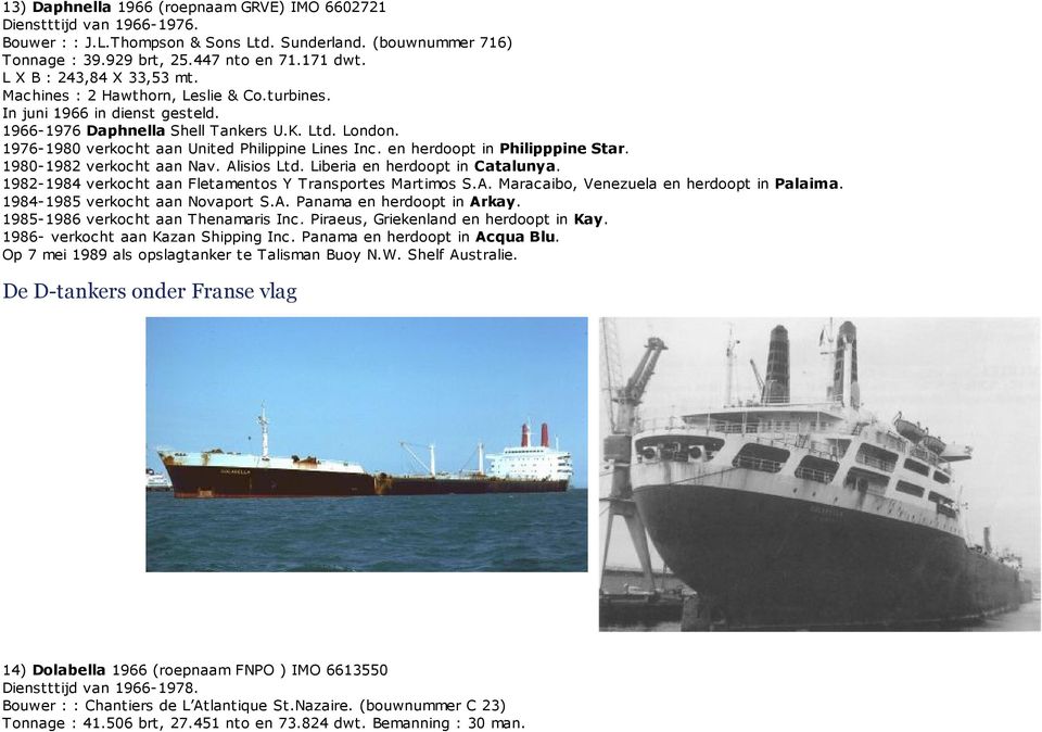 1976-1980 verkocht aan United Philippine Lines Inc. en herdoopt in Philipppine Star. 1980-1982 verkocht aan Nav. Alisios Ltd. Liberia en herdoopt in Catalunya.
