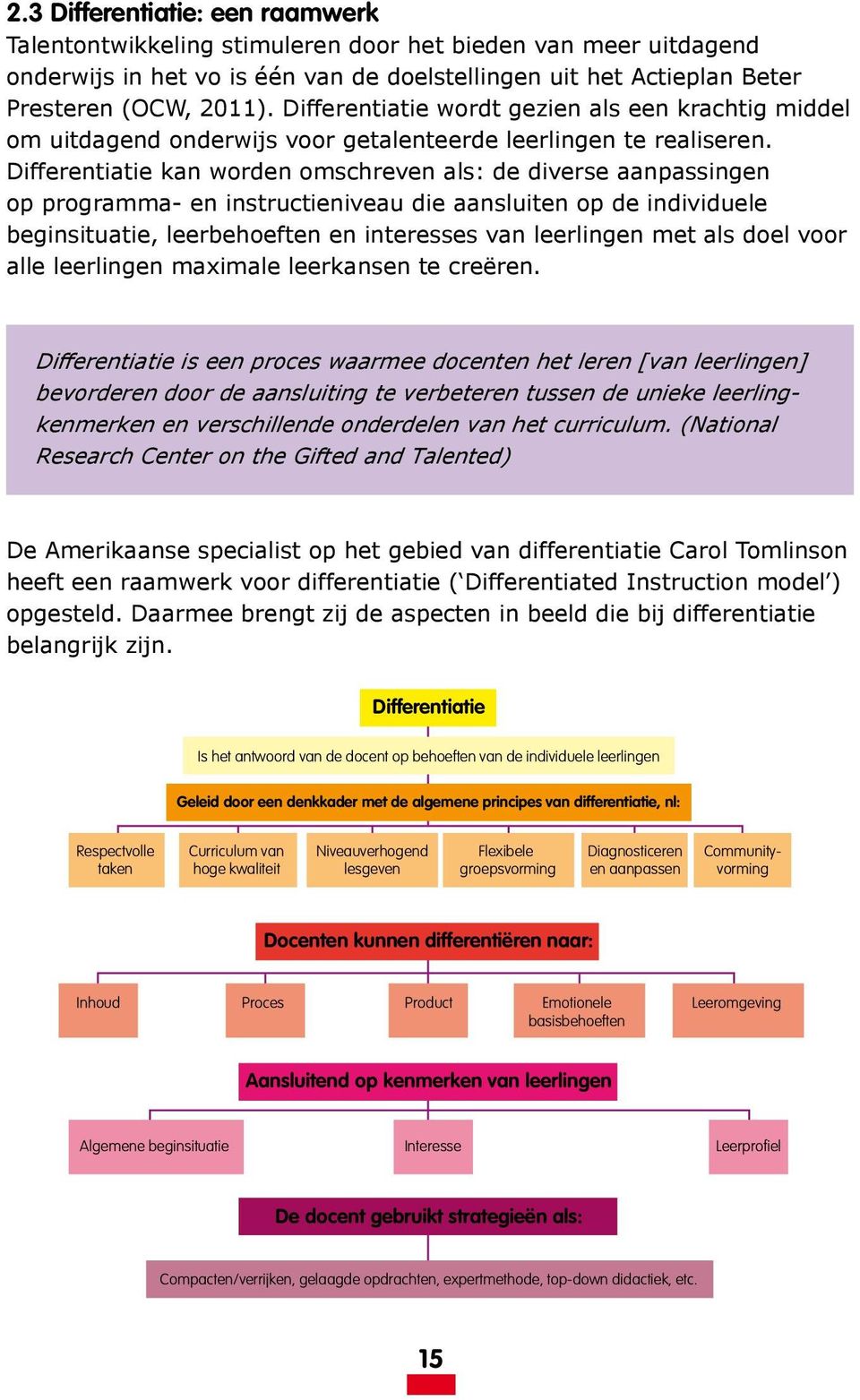 Differentiatie kan worden omschreven als: de diverse aanpassingen op programma- en instructieniveau die aansluiten op de individuele beginsituatie, leerbehoeften en interesses van leerlingen met als