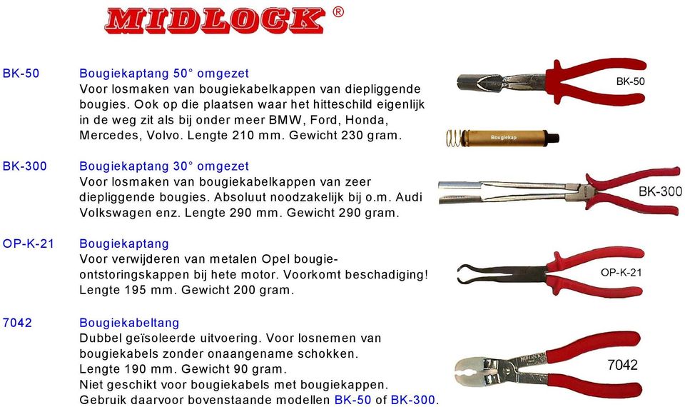 Bougiekaptang 30 omgezet Voor losmaken van bougiekabelkappen van zeer diepliggende bougies. Absoluut noodzakelijk bij o.m. Audi Volkswagen enz. Lengte 290 mm. Gewicht 290 gram.