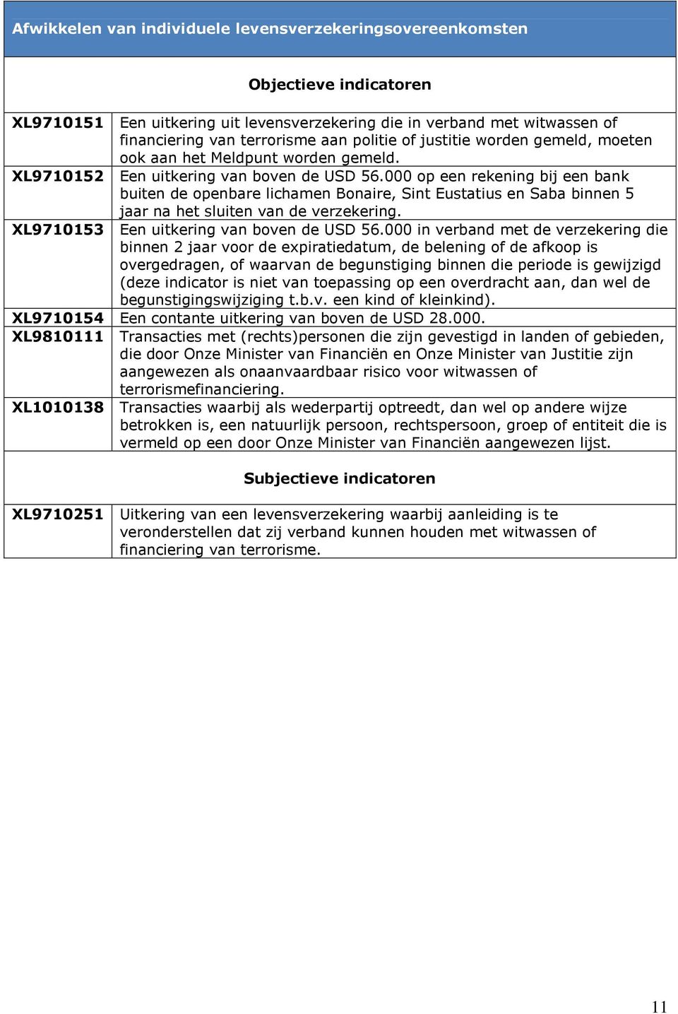 000 op een rekening bij een bank buiten de openbare lichamen Bonaire, Sint Eustatius en Saba binnen 5 jaar na het sluiten van de verzekering. XL9710153 Een uitkering van boven de USD 56.