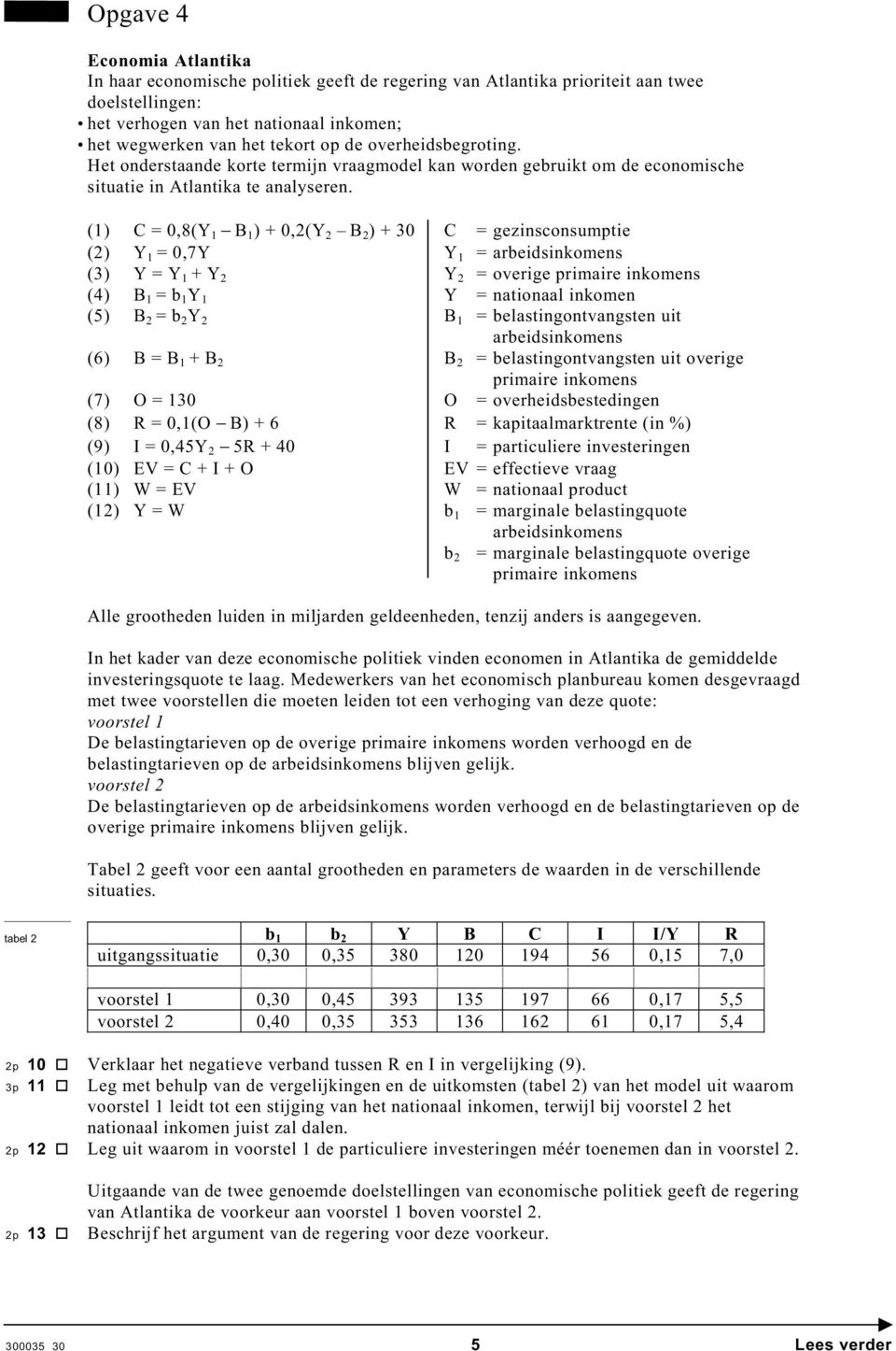 (1) C = 0,8(Y 1 - B 1 ) + 0,2(Y 2 B 2 ) + 30 C = gezinsconsumptie (2) Y 1 = 0,7Y Y 1 = arbeidsinkomens (3) Y = Y 1 + Y 2 Y 2 = overige primaire inkomens (4) B 1 = b 1 Y 1 Y = nationaal inkomen (5) B