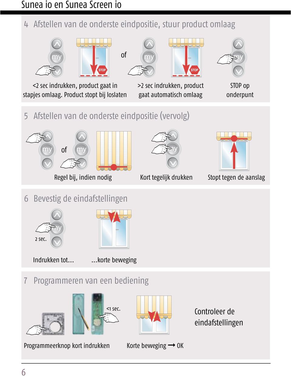 Product stopt bij loslaten >2 sec indrukken, product gaat automatisch omlaag STOP op onderpunt 5 Afstellen van de onderste eindpositie