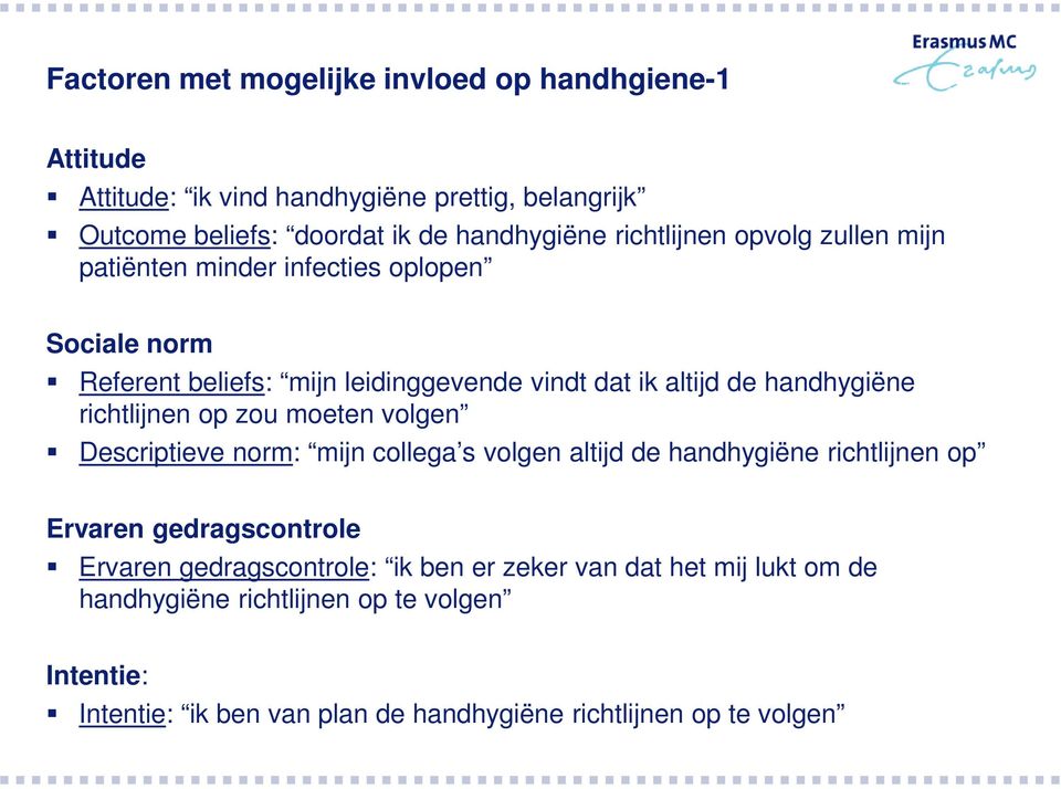 richtlijnen op zou moeten volgen Descriptieve norm: mijn collega s volgen altijd de handhygiëne richtlijnen op Ervaren gedragscontrole Ervaren