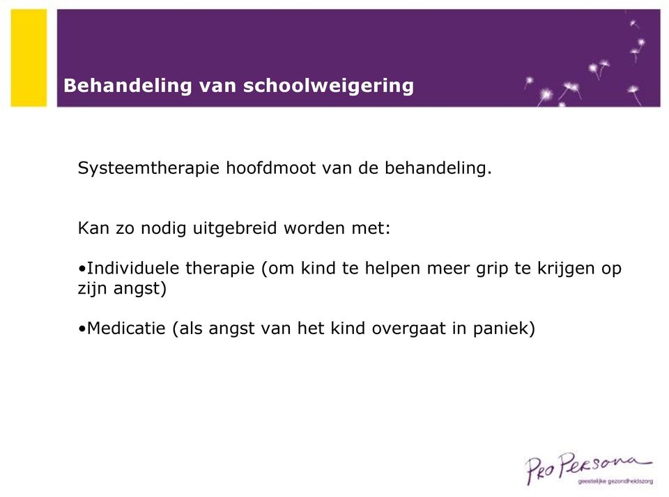 Kan zo nodig uitgebreid worden met: Individuele therapie (om