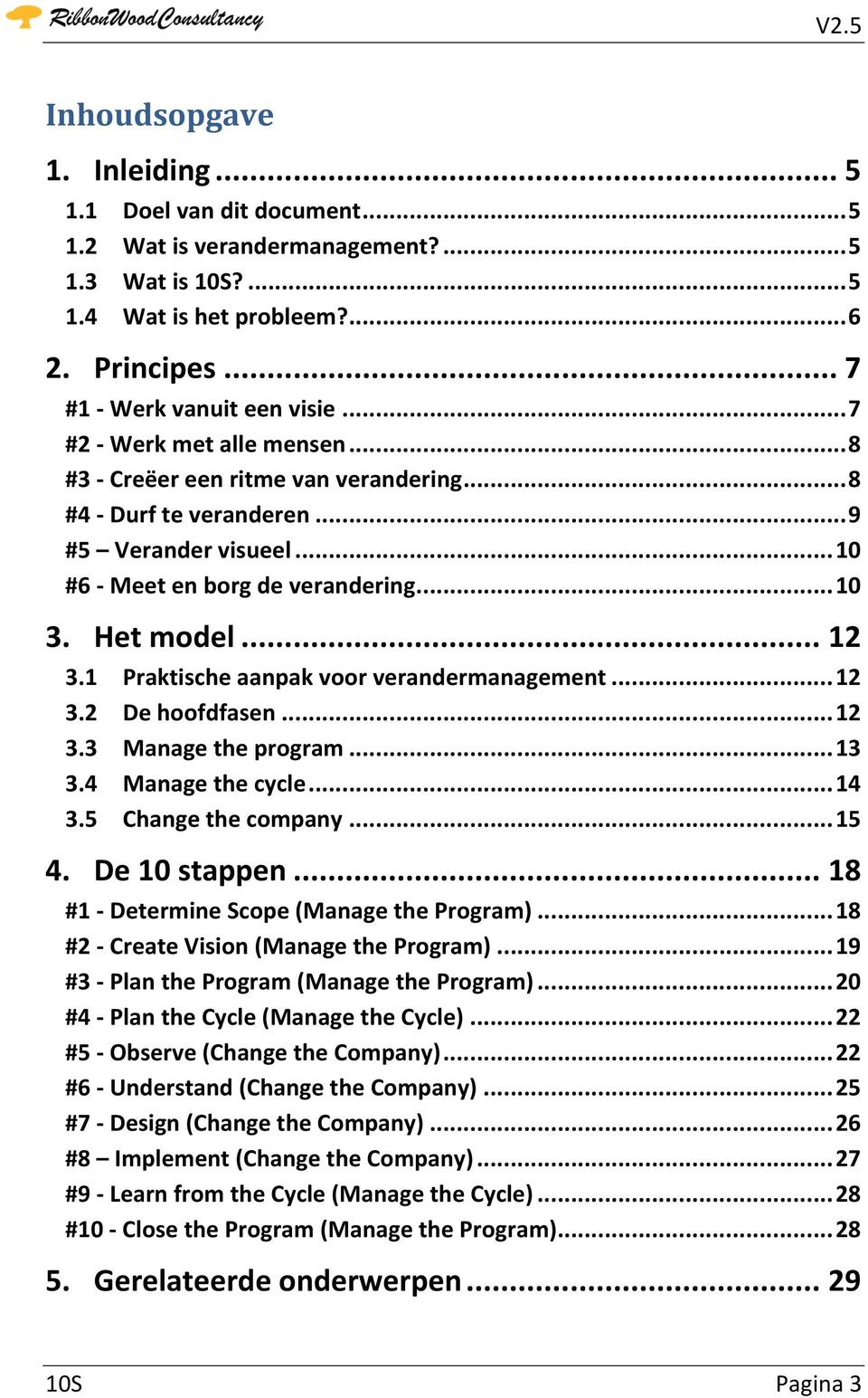 1 Praktische aanpak voor verandermanagement... 12 3.2 De hoofdfasen... 12 3.3 Manage the program... 13 3.4 Manage the cycle... 14 3.5 Change the company... 15 4. De 10 stappen.