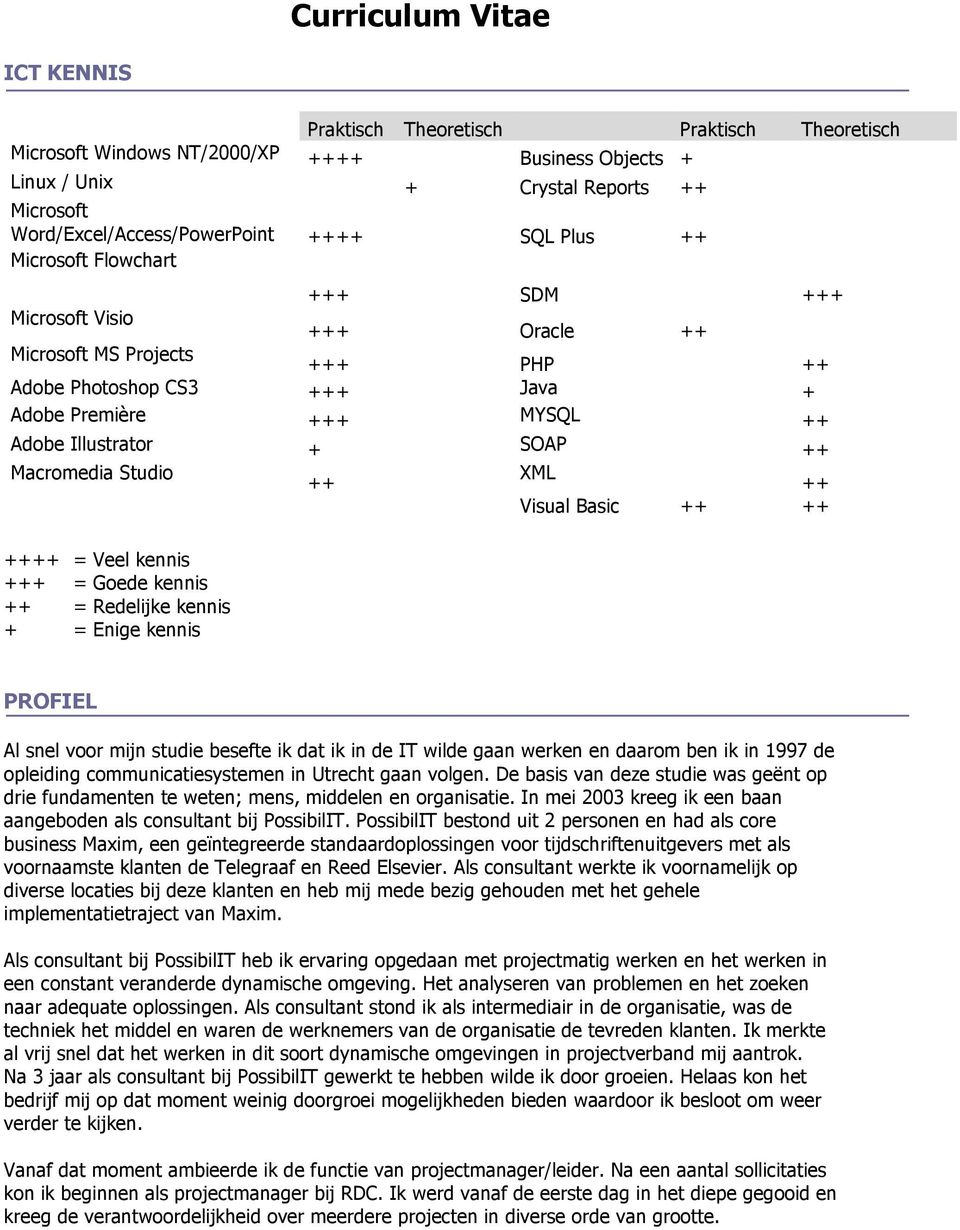 ++ XML ++ Visual Basic ++ ++ ++++ = Veel kennis +++ = Goede kennis ++ = Redelijke kennis + = Enige kennis PROFIEL Al snel voor mijn studie besefte ik dat ik in de IT wilde gaan werken en daarom ben