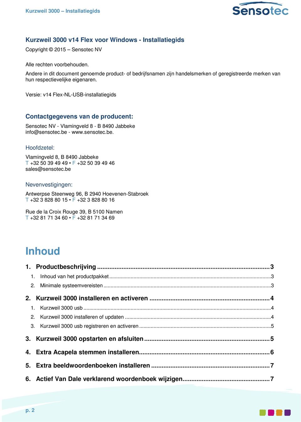 Versie: v14 Flex-NL-USB-installatiegids Contactgegevens van de producent: Sensotec NV - Vlamingveld 8 - B 8490 Jabbek