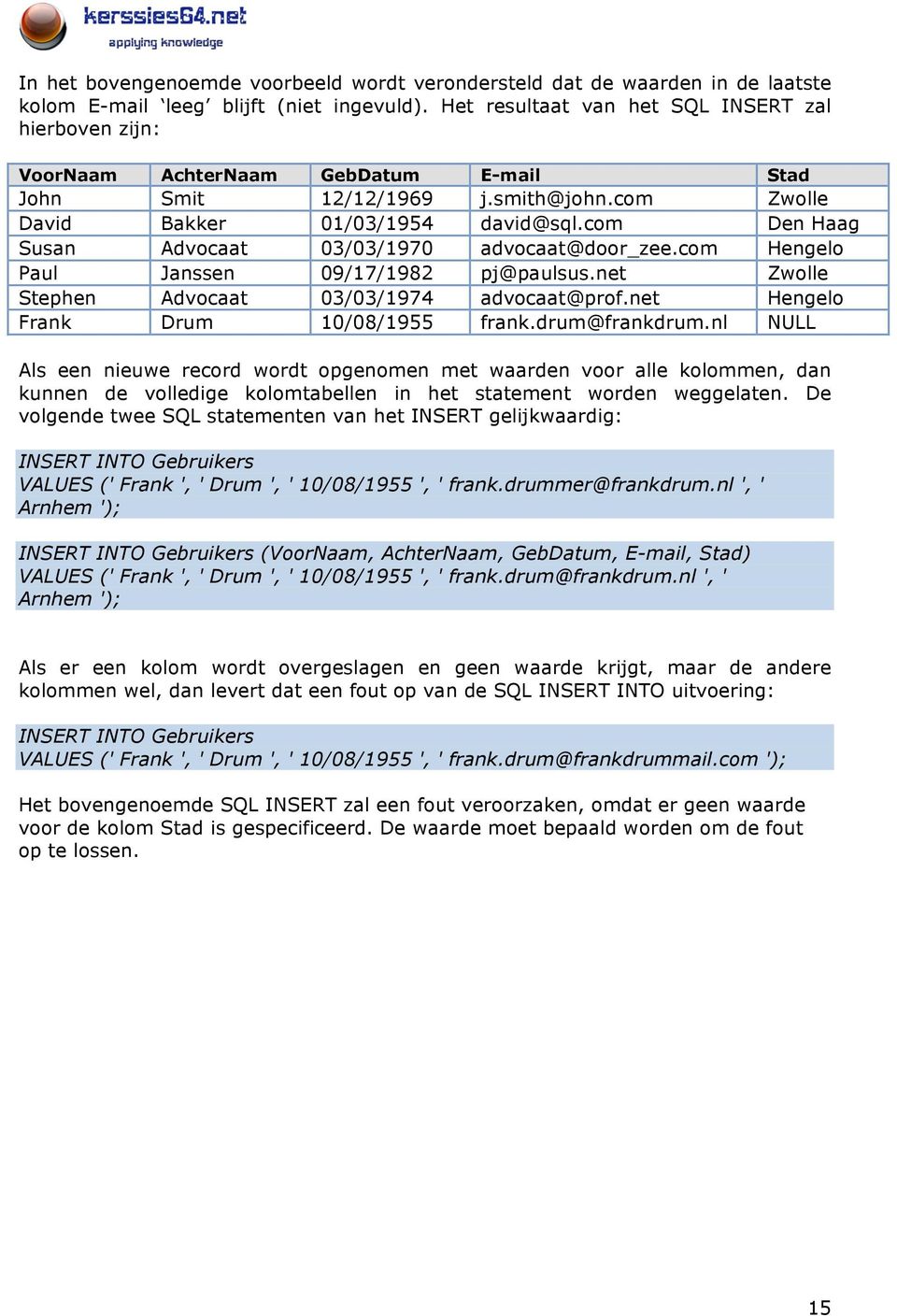 com Den Haag Susan Advocaat 03/03/1970 advocaat@door_zee.com Hengelo Paul Janssen 09/17/1982 pj@paulsus.net Zwolle Stephen Advocaat 03/03/1974 advocaat@prof.net Hengelo Frank Drum 10/08/1955 frank.