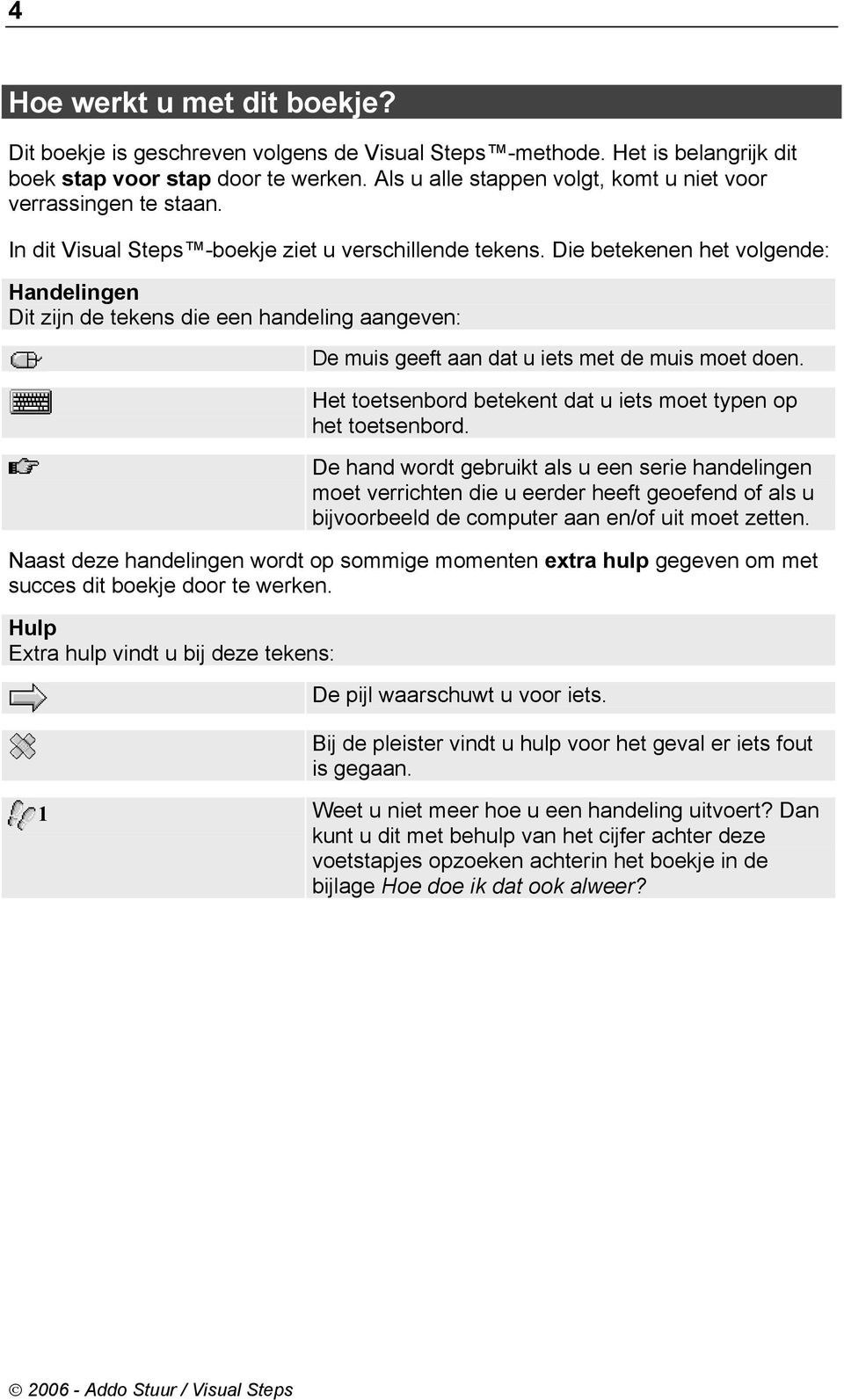 Die betekenen het volgende: Handelingen Dit zijn de tekens die een handeling aangeven: De muis geeft aan dat u iets met de muis moet doen.