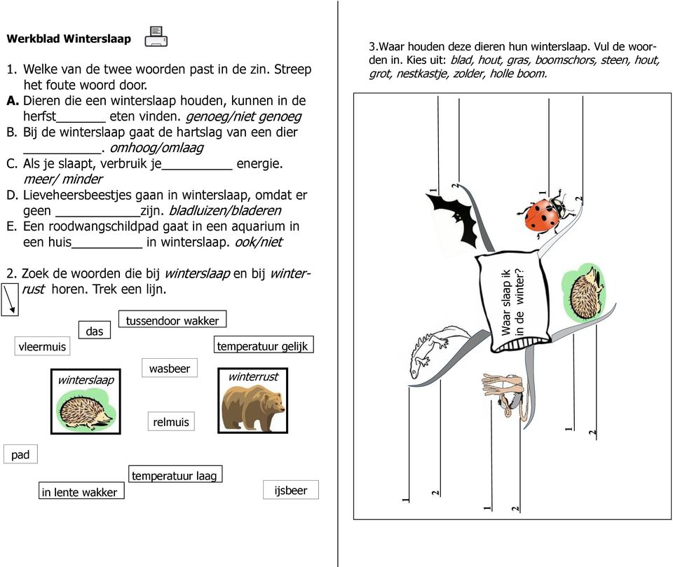 bladluizen/bladeren E. Een roodwangschildpad gaat in een aquarium in een huis in winterslaap. ook/niet 2. Zoek de woorden die bij winterslaap en bij winterrust horen. Trek een lijn.