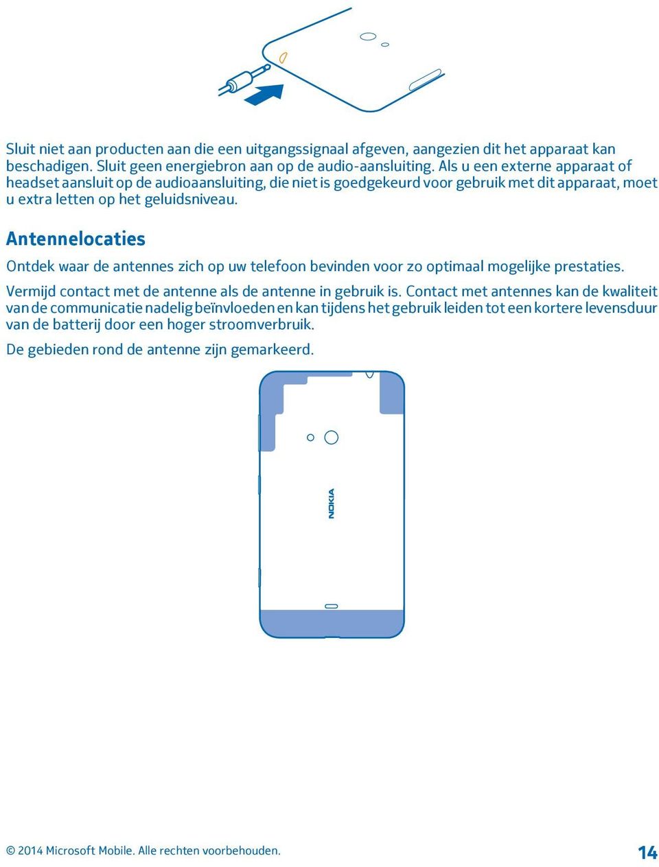 Antennelocaties Ontdek waar de antennes zich op uw telefoon bevinden voor zo optimaal mogelijke prestaties. Vermijd contact met de antenne als de antenne in gebruik is.