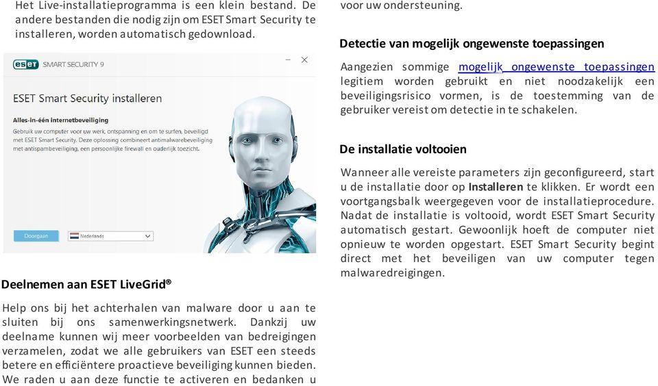 gebruiker vereist om detectie in te schakelen. De installatie voltooien Deelnemen aan ESET LiveGrid Help ons bij het achterhalen van malware door u aan te sluiten bij ons samenwerkingsnetwerk.