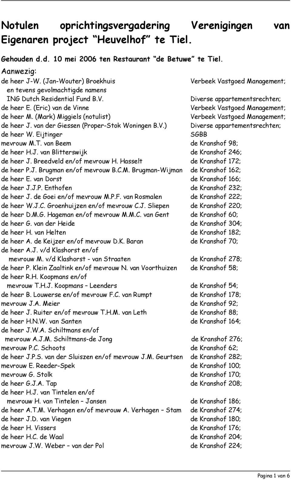 (Eric) van de Vinne Verbeek Vastgoed Management; de heer M. (Mark) Miggiels (notulist) Verbeek Vastgoed Management; de heer J. van der Giessen (Proper-Stok Woningen B.V.) Diverse appartementsrechten; de heer W.